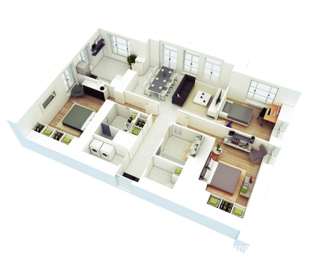 Mô hình 3D thiết kế nội thất căn hộ chung cư 100m2 3 phòng ngủ NT16601 